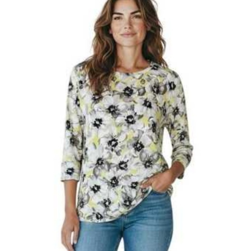J. Jill Love Linen Floral 3/4 Sleeve Top Yellow Grey M Casual Fall Office